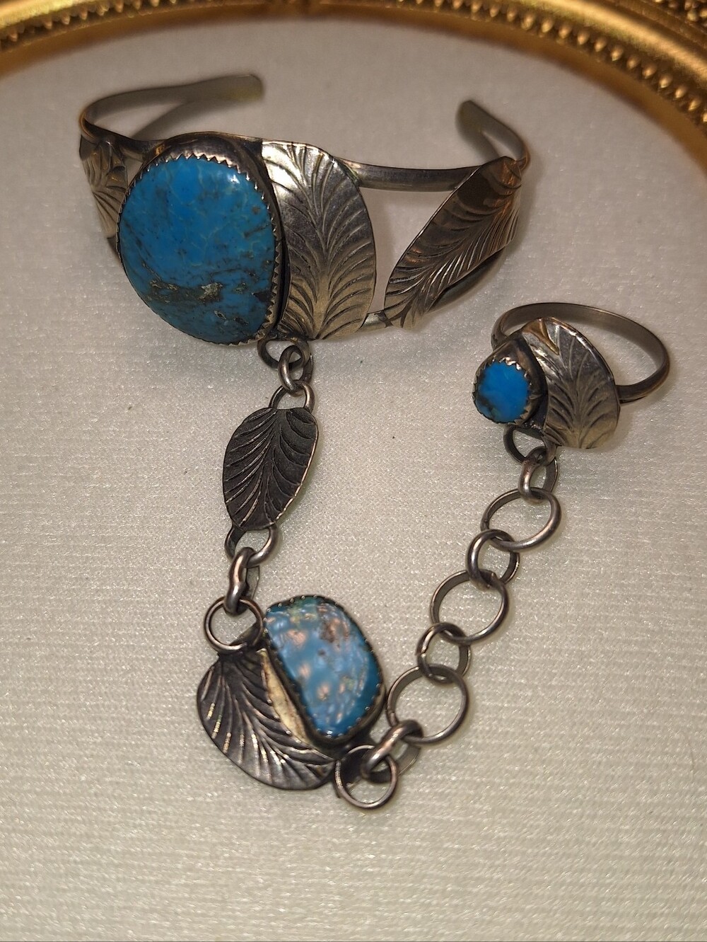 Turquoise Color Leaf Silver-tone Bracelet and Ring Set